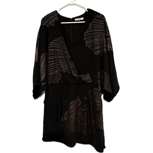 Halston Heritage Kimono-sleeve Dress in black and metallic floral pattern. - Picture 2 of 9